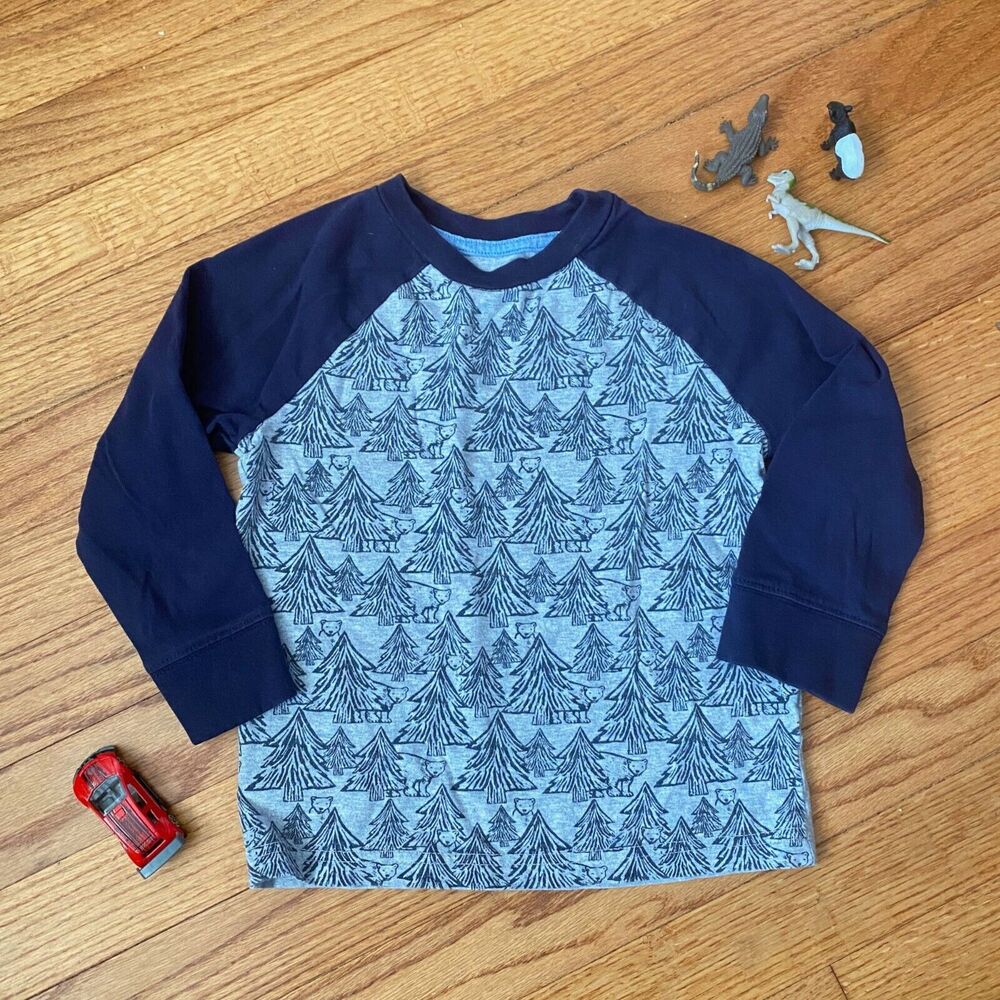 Gymboree Boy's 2T Bears Trees Long Sleeve Shirt Gray Blue Print Baseball Sleeve